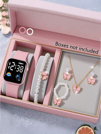 6/1pc Cute Fashion LED Rainbow Digital Display Square Electronic Watch, Suitable For Girls, Comes With Butterfly Jewelry Bracelet, Necklace Pendant, Ring And 1 Pair Earrings Set, Perfect For Back To School, Parties, Travel And Daily Decoration. Birthday Gift, Graduation, Valentine's Day - The Perfect Gift For Girls