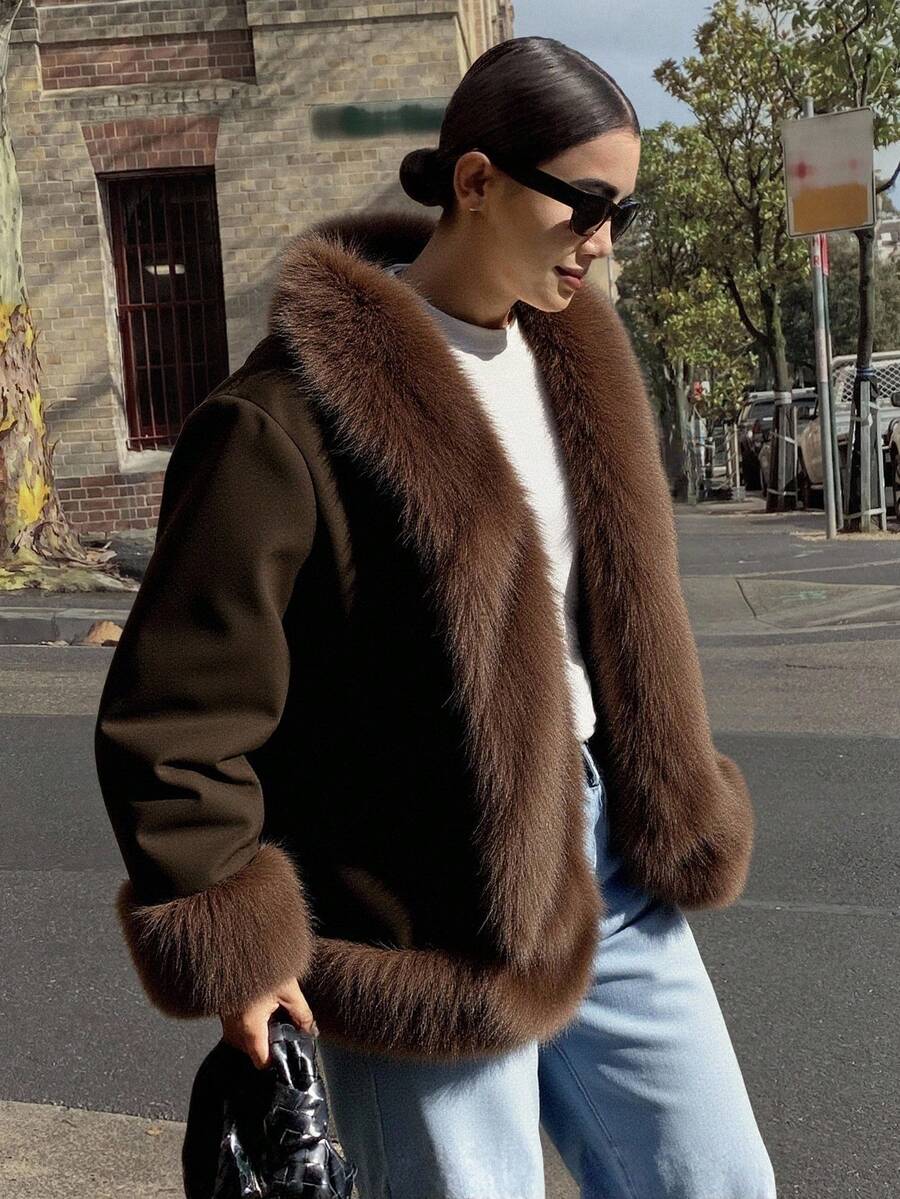 Livesso 女式宽松夹棉大衣，配拼布毛领人造皮草大衣夹克 - 棕色 - 查看 1