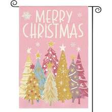 1 قطعة علم حديقة شجرة عيد الميلاد الوردية المرحة، مصنوع من البوليستر، وجهين للاستخدام الخارجي، مناسب لحفلات الحديقة والفناء في عطلة الشتاء، لا يشمل اكسسوارات عصا العلم.