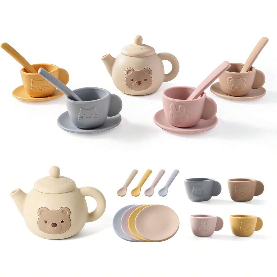 Juego de té para niñas pequeñas, 1 a 3 niños, 14 unidades con tetera de silicona, tazas, posavasos con cuchara de servir, accesorios de cocina, juego de simulación para niñas y niños de 3 a 5 años - Oso sin bandeja - Ver 1