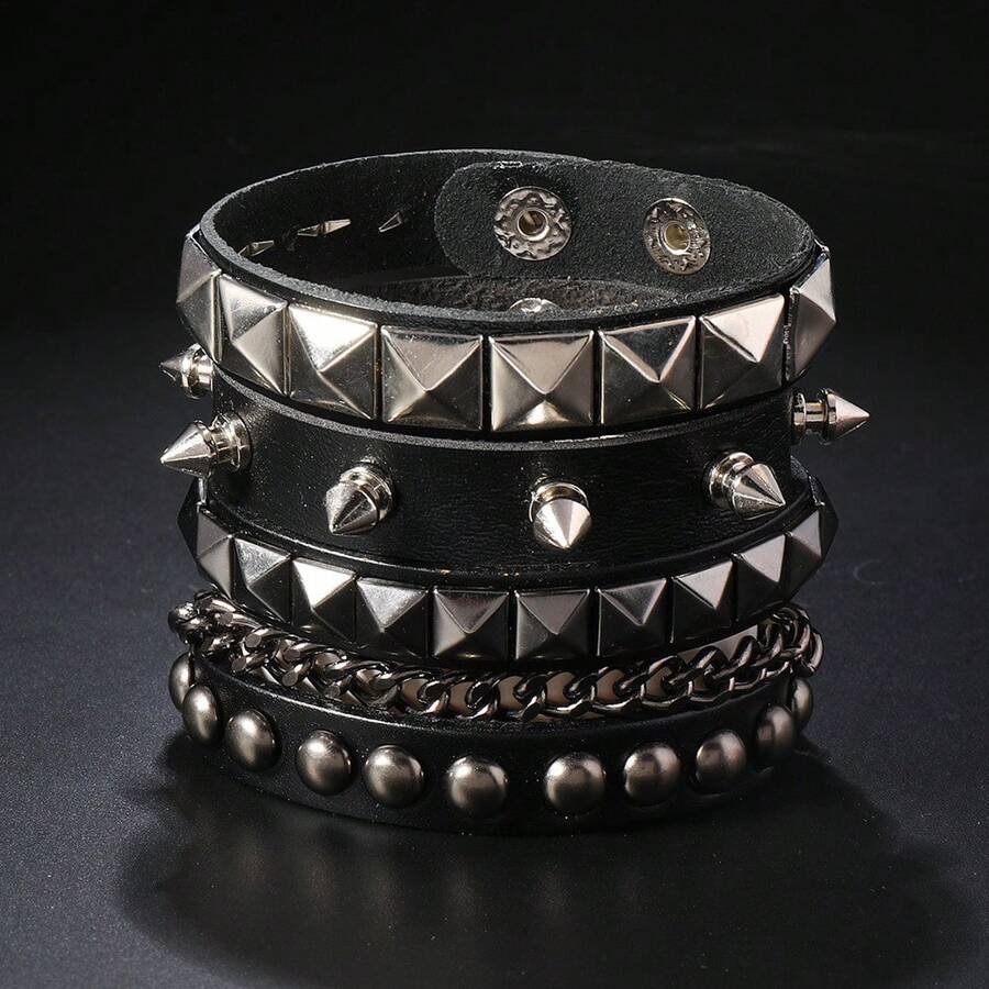 3 pezzi Bracciale in pelle stile punk da uomo multistrato, con rivetti personalizzati e polsino a catena