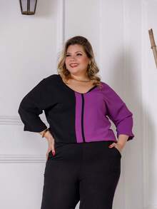 Maison Raglan Sleeve Blouse And Plus Size Summer Pants Set - Purple - View 2