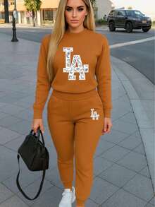 Conjunto de pants  Sudadera y pantalón  Felpa suave  Cuello redondo Estilo cómodo  Conjunto deportivo - Camel - Ver 1