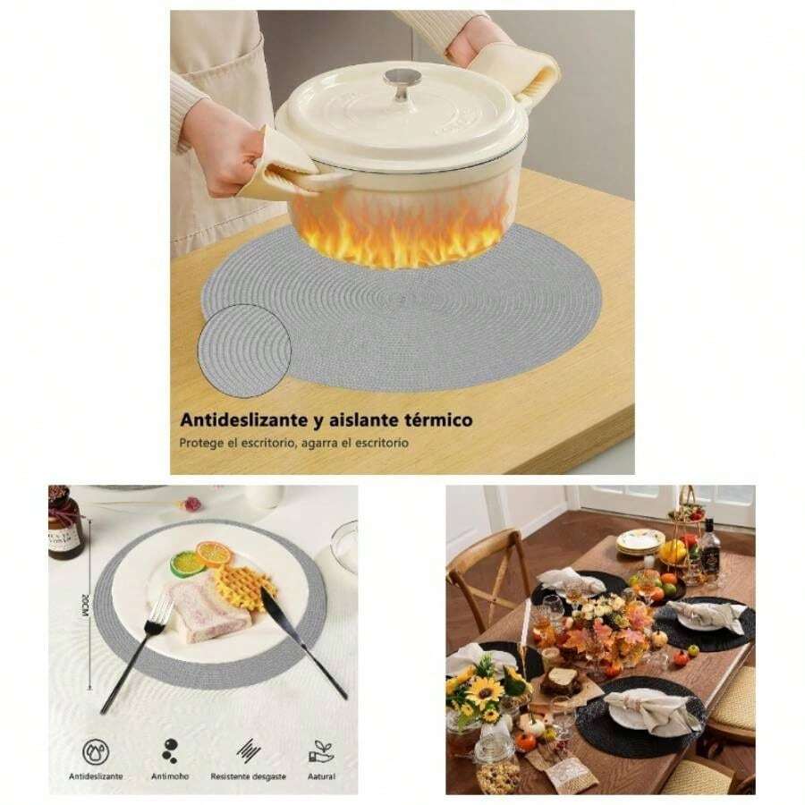 6 PCS Manteles Individuales Tejidos Redondos Manteles Redondos Individuales para Mesa 20cm Dimetro, Resistentes al Calor Lavables, Adecuado para Comedor, Cocina y Mesa de Comedor. - Gris claro - Ver 1