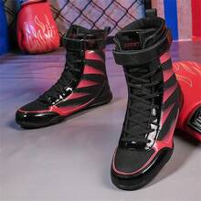 Sapatos de luta livre masculinos, sapatos de boxe de cano alto, sapatos de treino, botas de kickboxing, sapatos para artes marciais e fitness, sapatos esportivos profissionais masculinos de alta qualidade, confortáveis, antiderrapantes, duráveis, respiráveis, com suporte para o tornozelo e solado texturizado.