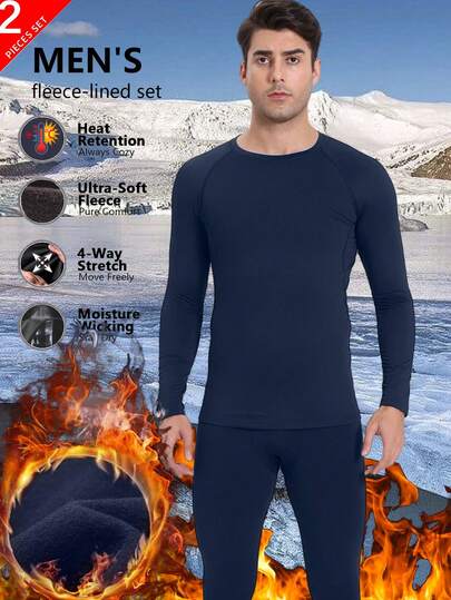 Men's Thermal Underwear Set, Outdoor Sports Running Thermal Lining Shirt, Autumn/Winter Outdoor Skiing Base Layer Set, Warm Sleepwear Thermal Shirt, Cold Weather Thermal Lining Outfit