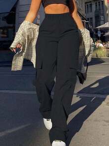 Casuales para Mujer con Cintura alta Elástica, Detalles Metálicos, Pantalones de Mezclilla a la Moda para Atuendo Casual - Negro - Ver 1