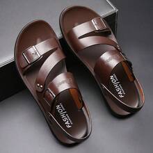 Men's Minimalist Buckle Open-Toe Slippers, Non-Slip Flat Sole & Multiple Straps, Comfortable And Breathable, Versatile Mens Sandals For Daily Wear & Outdoor Activities. - màu nâu - Xem 1