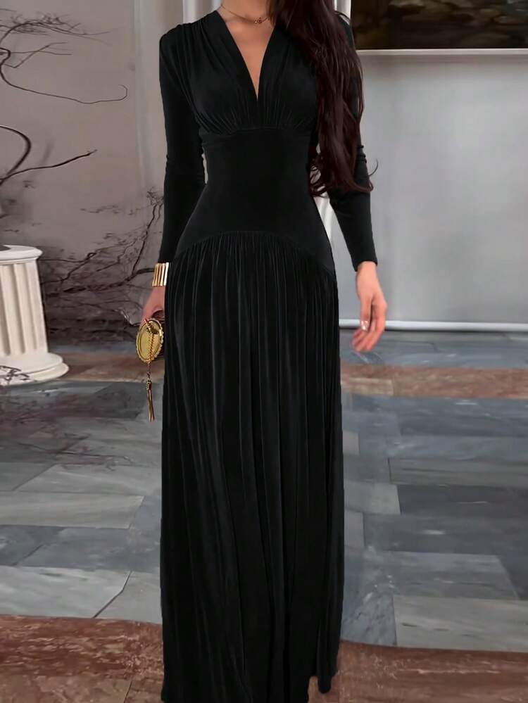 فستان أنيق للنساء بياقة على شكل حرف V وأكمام طويلة للخريف/الشتاء من القطيفة، لون أحادي، قماش محبوك أنيق مع سحاب وحافة مكسرة، ثوب سهرة رسمي - الأسود - مشاهدة 1