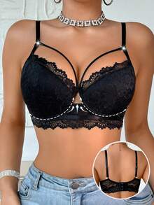 Czarna seksowna damska bielizna koronkowa wygodna bielizna push-up oddychający biustonosz z cienkimi miseczkami marszczony