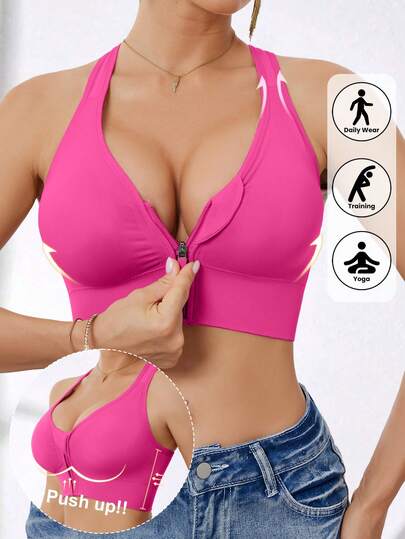 Damsport-bh med hög intensitet och dragkedja framtill, sömlös och trålös, lämplig för vår, sommar, höst och vinter