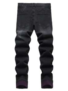 Men's Slim-Fit Stretch Jeans - Purple Distressed Skinny Jeans, Fashionable Distressed Straight-Leg Comfortable Stretch Mid-Rise Trousers, Men's Trousers, Men's Athletic Pants - 黑色 - 查看 2