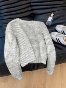 Women's Solid Color Ribbed Cardigan With Round Button, Fashionable And Elegant Autumn/Winter Apparel