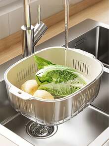 1pc 2-In-1 Double-Layer Drain Basket,2-In-1 Easy-To-Use,Vegetable Dryer,Fruit Drain Container With Handle,Refrigerator Freshness Basket,Fruits And Vegetable Washing Basket,Drain Basket,Vegetable Drain Basket - Multicolor - View 9