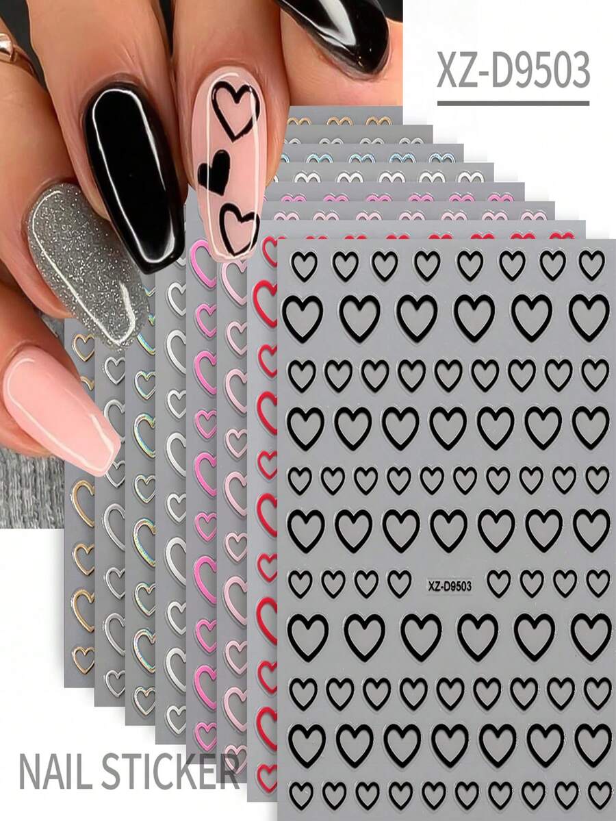 8pcs 3D Metallic Heart Nail Stickers,12Sheets Golden Silvery Rose Golden Hollow Heart Design 3D Nail Decals Manicure Self-Adhesive Decoration For DIY Nail Home Salon