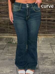 个性化美式复古喇叭裤，水洗做旧设计，加大码女式牛仔裤 - 深色水洗藍 - 查看 3