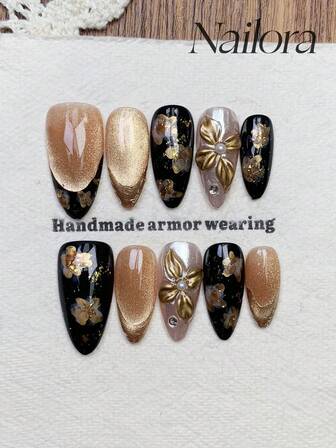 10pcs Handmade Nails Almond Nails Artificial Press On Nails Long, Gentle Brown Black Nails, Gold Flashy Cateye French Tip Nails, Gold Foil Handpainted 3D Carved Flower Embossed Floral, Pearl Inlaid, Cute Simple Elegant Luxury Autumn Nails, Fall Press On Nails, Versatile Nails DIY False Nail Art Party Daily & Dating Use Beach Tropical Getaway Suitable Reusable, For Women & Girls As Gift Nail Supplies