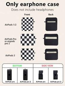 Checkerboard Pattern Earphone Case, Black Earphone Case With 1 Earphone Case Hook, Compatible With AirPods Case, Pro 3 Case, Pro (2nd Generation) Case, 3 Case, Pro Case, 1/2 Case, 4 Case Cover - Multicolor - View 9