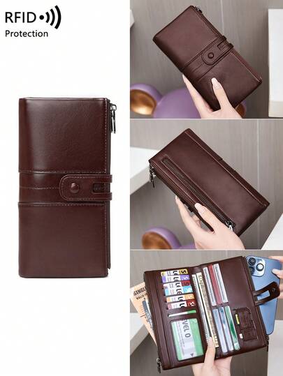 Cartera de mujer de gran capacidad con bloqueo RFID, cartera vintage con cremallera, cartera larga de cuero suave con múltiples ranuras para tarjetas y ventana para identificación, puede contener tarjetas de crédito/identificación/efectivo/teléfono, detalles acolchados, portacartas de embrague, adecuado para negocios y ocasiones casuales