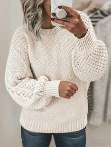 Open-Knit Lantern Sleeve Sweater For Women - Fall & Winter Soft Skin-Friendly Oversized Casual Versatile Gentle-Style Top | Mock-Neck Breathable Slim-Fit Pullover; Soft Skin-Friendly Pullover, Mock-Neck Oversized Casual Top, Gentle-Style Versatile Breathable Sweater - 杏色 - 查看 2