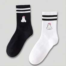 1 Par de Meias Médias Femininas Fofas com Laço e Estampa de Fantasma, Meias Brancas de Camada Dupla, Meias Longas Folgadas, Meias Listradas Pretas e Brancas, Meias Casuais Macias, Confortáveis e Respiráveis, Adequadas para Uso Diário, Festa de Halloween, Baile, Casa