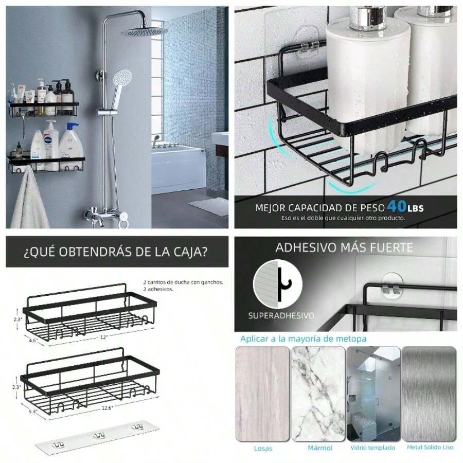 - Organizador De Ducha De Esquina, Paquete De 3 Organizador De Ducha Negro Mate Con Adhesivo De Succin Y 12 Ganchos, Organizador De Ducha De Acero Inoxidable Resistente a La Oxidacin - borde recto - Ver 1
