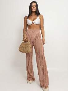 Women's Crochet Knit Beach Cover-Up | Elegant, Openwork, Chic Wide-Leg Pants With Adjustable Waist - Beige Beach Pants - View 5