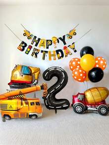 12 件生日装饰气球套装，40 英寸 0-9 生日条纹数字气球，大型工程车辆（挖掘机、起重机、混凝土搅拌机）铝箔气球，生日快乐工程车辆拉旗，适用于生日派对、周年纪念装饰 - 彩色 - 查看 4