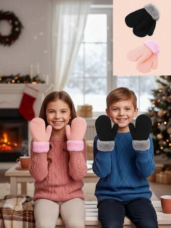 1 双冬季毛绒内衬手套，保暖提花纯色露指手套，适合男孩、女孩、儿童、婴儿、幼儿 0-3 岁