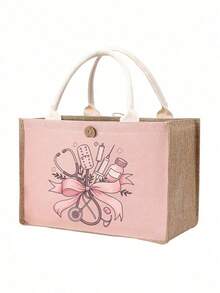 Conjunto de bolso de mano tipo tote y bolsa de cosméticos con tema de enfermera en color rosa, estilo casual, estructura de tela, con estampado de estetoscopio, corazón, jeringa, termómetro y pastillas, adecuado para la temporada de regreso a la escuela, bolso de hombro para viajes de vacaciones, unisex, regalo perfecto, artículos de uso diario, regalos de Navidad, regalos de Halloween