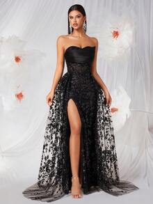 Elisanya Robe dos nu avec col ras-du-cou, broderie perlée, fente haute et détails de liens, convient pour les fêtes, les banquets et les occasions formelles