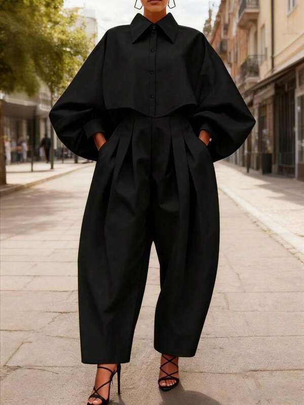 Women's 2-Piece Set For Autumn/Winter - Lantern Sleeve Solid Color Collared Button Design Blouse + Pocket Ruched Long Pants, Suitable For Commuting/Business/Office