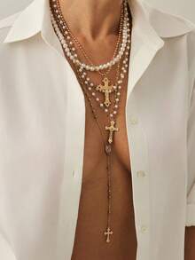 4pcs/Set 14k Gold Plated Multi-Layer Beaded Cross & Virgin Mary Necklace, Suitable For Vacation, Prayer, Baptism Wear - 金色 - 查看 8