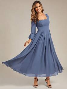 EVERPRETTY Elegant Spring Chiffon Long Sleeve Wedding Guest Dress, Blue Bridesmaid Dress, Special Occasion Evening Gown, Wedding Guest Dress, Winter Wedding Dress
