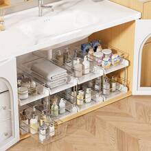 Vtopmart 4 Pack Bathroom Organizer, 2 Tier Clear Under Sink Organizers Vanity Countertop Storage Container,Cabinet Drawers Bins, Pull-Out Organization With Track For Pantry, Kitchen - 白色 - 查看 3