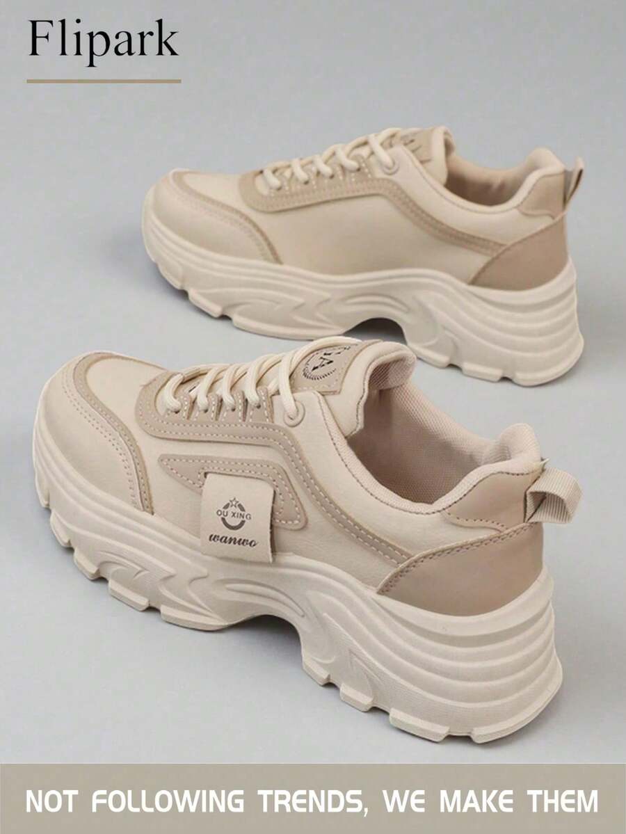 Flipark 1 Pair Women's Fashionable Casual Lightweight Sporty White Sneakers, Versatile Students Shoes