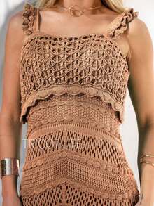 Women's Crochet Midi Dress, Lined, Elegant, New Year's Eve Party, Casual, Batal, Wedding, Gender Reveal - 摩卡棕 - 查看 5