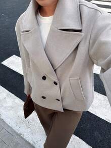 Seelio 女士秋冬双排扣翻领短款大衣，休闲简约外套 - 灰色 - 查看 1