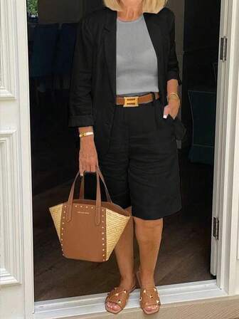 Conjunto de 2 piezas de top de manga larga y shorts de unicolor minimalista para mujer, uso casual diario