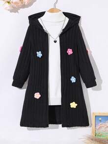女童花卉刺绣连帽长款开衫，时尚可爱，秋冬 - 黑色 - 查看 1