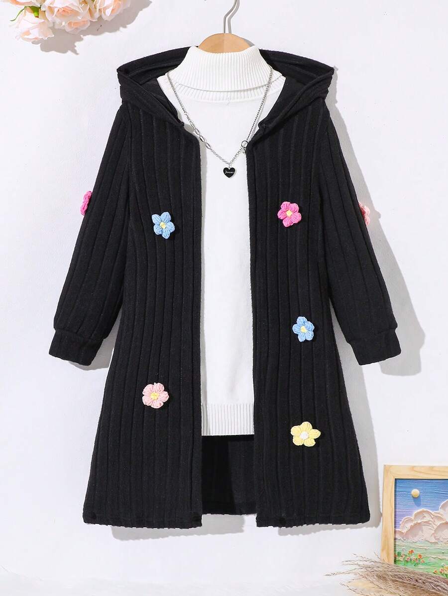 女童花卉刺绣连帽长款开衫，时尚可爱，秋冬 - 黑色 - 查看 1