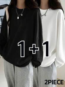 2 piezas Camisetas de manga larga de ajuste holgado y unicolor para mujer, versátiles, para primavera/otoño de uso casual - Negro + Blanco - Ver 1