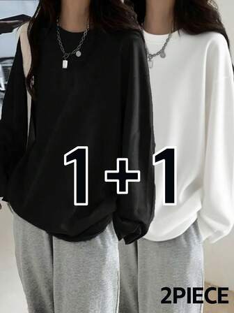 2 件女式宽松纯色长袖 T 恤，棉质，百搭，春/秋