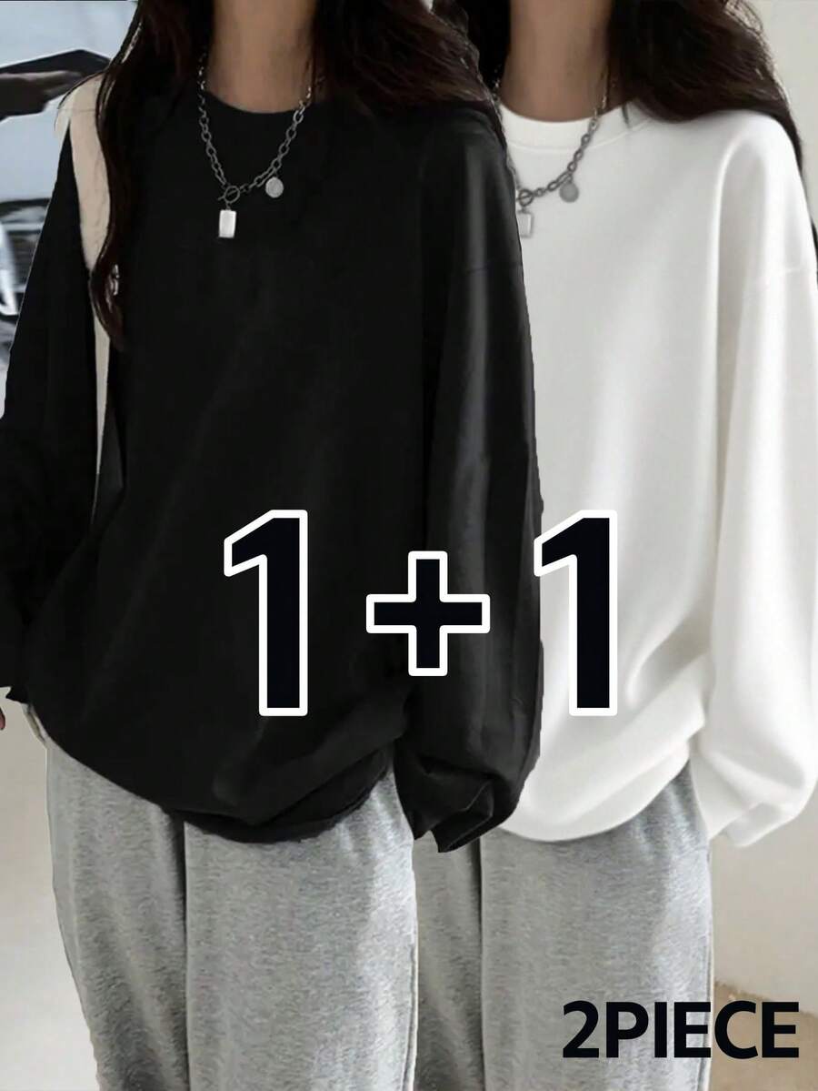 2 piezas Camisetas de manga larga de ajuste holgado y unicolor para mujer, versátiles, para primavera/otoño de uso casual - Negro + Blanco - Ver 1