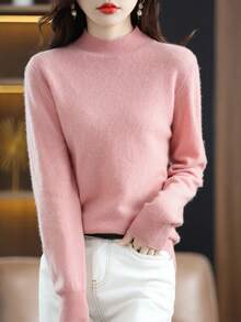 Sweater Wanita 100% Wol Merino, Lembut & Hangat, Pullover Kerah Tinggi, Musim Gugur/Musim Dingin, Desain Satu Potong Tanpa Jahitan - Berwarna merah muda - View 6