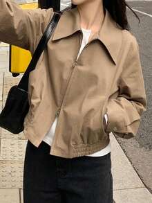 Chaqueta exterior de mujer estilo coreano de unicolor con solapa y cremallera, Nora Noon