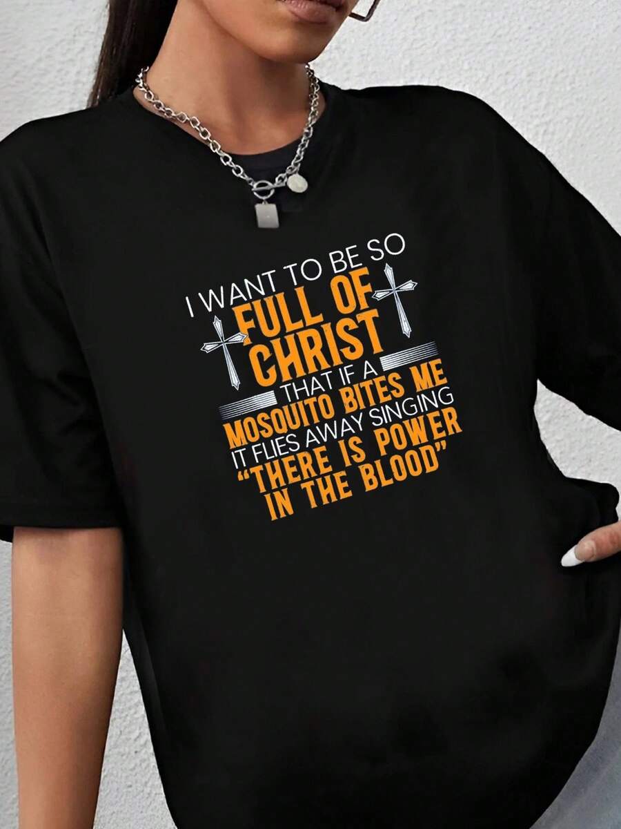 180g pure Cotton Full of Christ T-Shirt | Funny Christian Faith Tee | Power in the Blood Inspirational Quote Shirt | Unique Religious Gift Comfortable female Unisex T-Shirt For Women Casual fashion Soft Top For Everyday Wear Summer Casual graphic Versatile Slightly - Negro - Ver 1