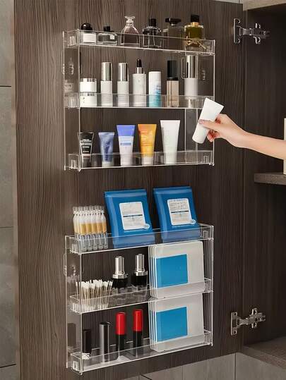 2pcs/1pc No Drill Wall Mounted Holder, Transparent Makeup Organizer Box, 3-Tier Floating Vertical Storage Rack, Multi-Functional Home/Commercial Storage Shelf For Cosmetics Tools And Nail Accessories - Space-Saving Acrylic Holder For Cosmetics, Skincare, Glasses, Lightweight Storage Box, Home Organization