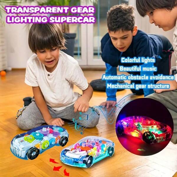 Universal Obstacle Avoidance Transparent Gear Racing Car, Electric Universal Fun Toy, Colorful Lights And Music, Gear Mechanical Principle, Automatic Obstacle Avoidance (Batteries Not Included), Ideal Holiday Gift