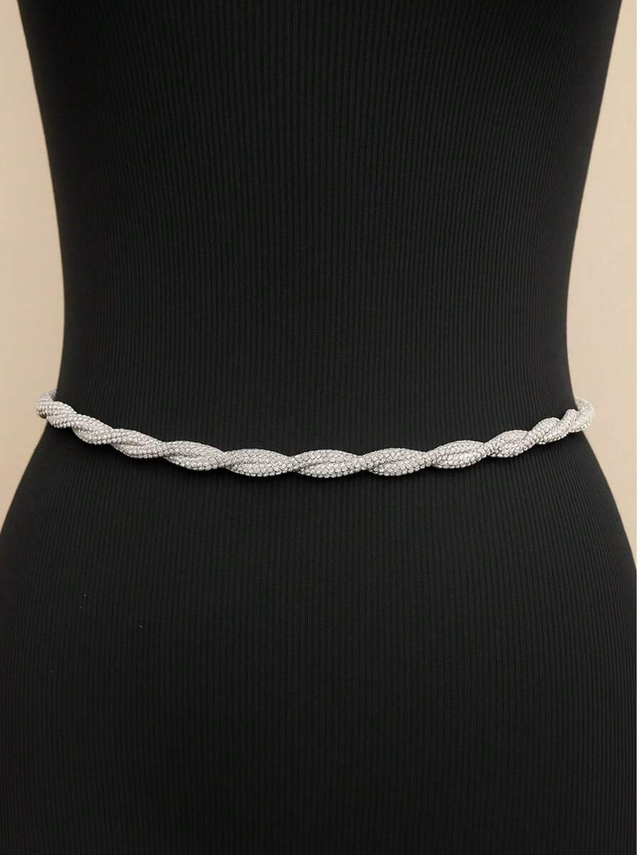 Twisted Rhinestone Belt Chain Glitter Gold And Silver Metal - Silver - View 1